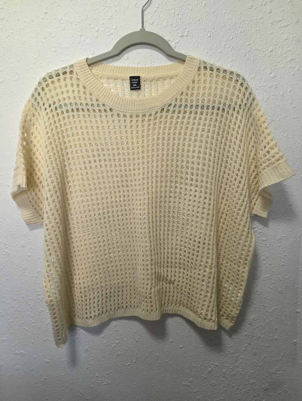 Women's Cropped Cream Open-Weave Short Sleeve Sweater